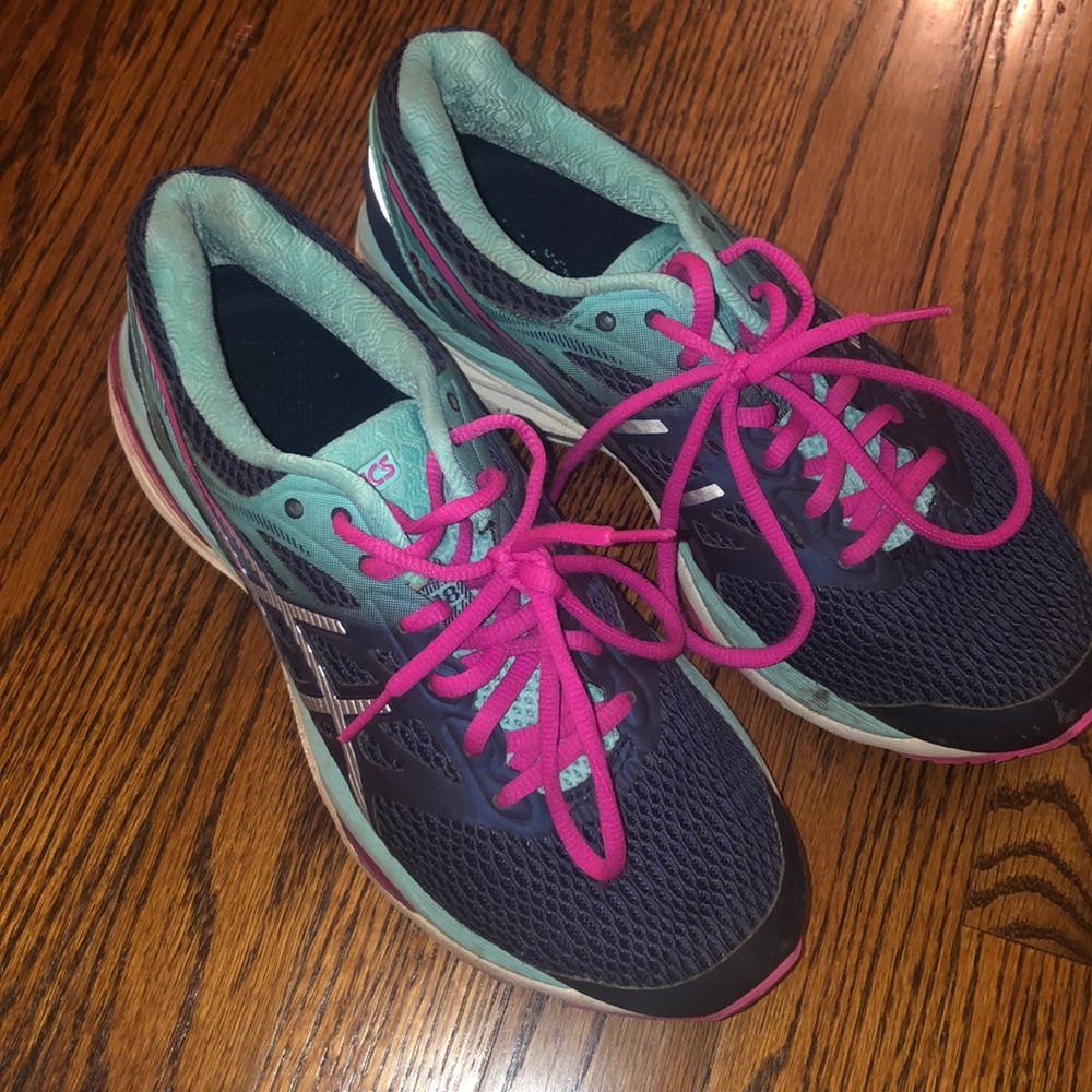 Turquoise, navy, and hot pink ASICS